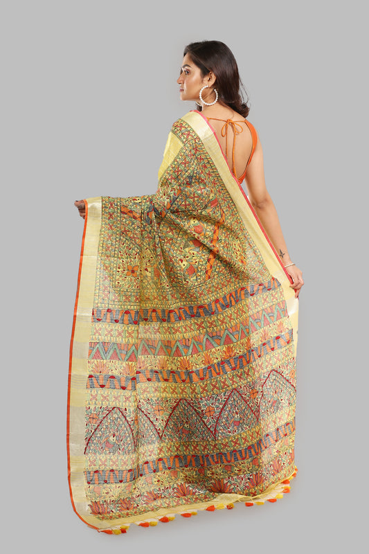 Whimsical Canary Linen Saree