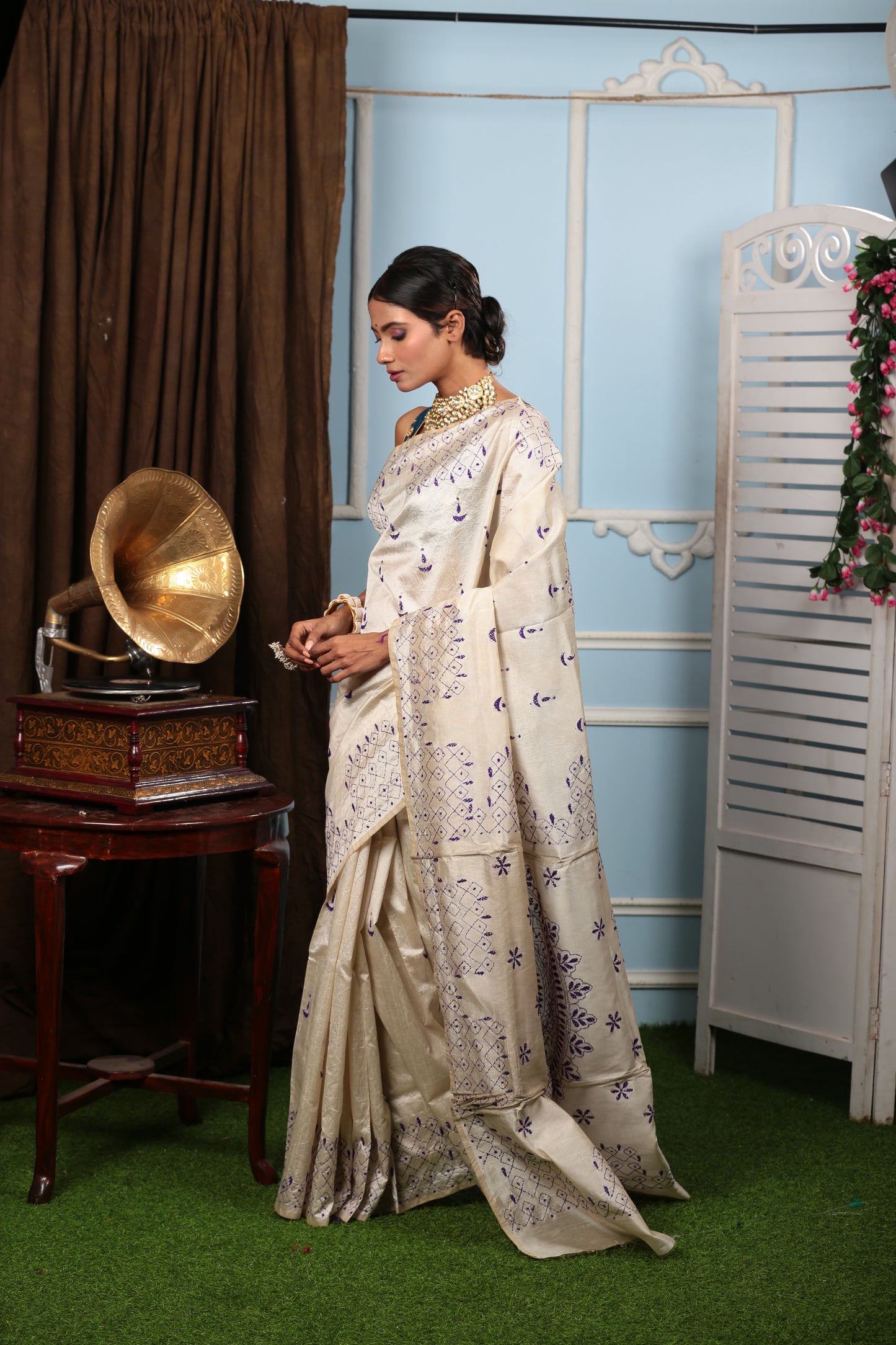 Light cream Kantha saree with purple hand-stitched patterns, ideal for regular wear. | Urbane Essence