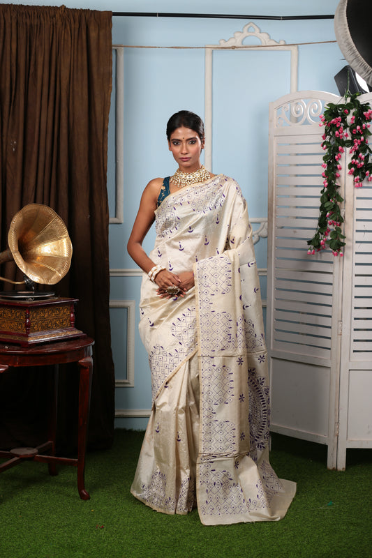 Light cream Kantha saree with purple hand-stitched patterns, ideal for regular wear. | Urbane Essence